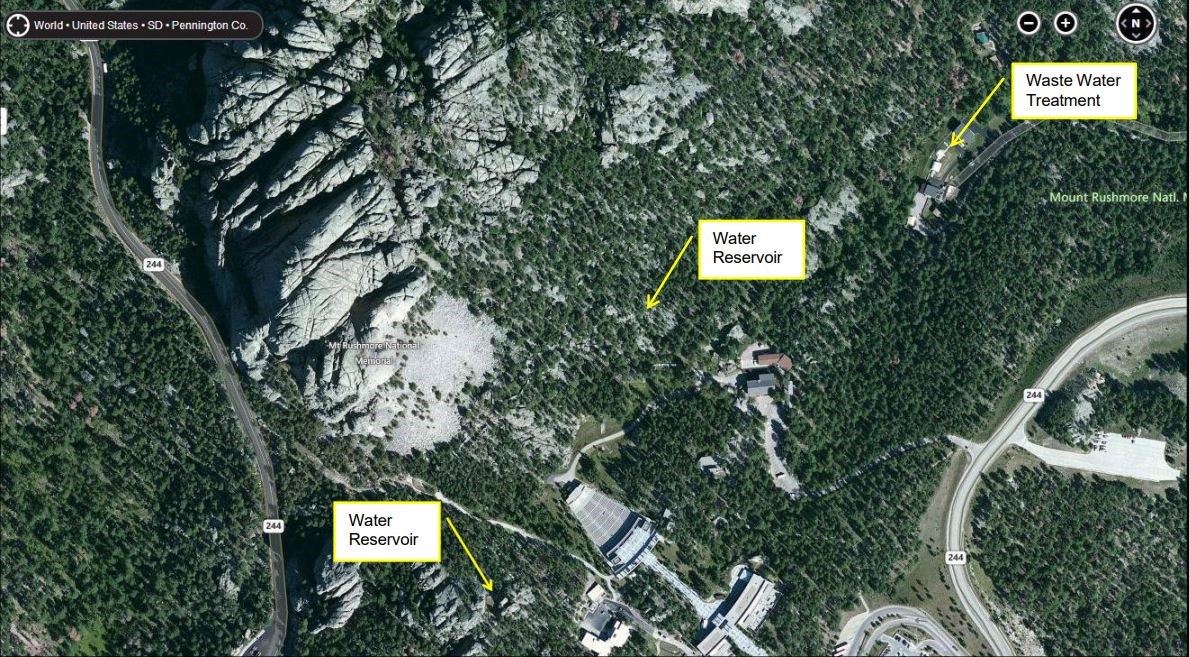 Aerial image showing locations of water reservoirs and wastewater treatment plant, which are closed areas for the public.