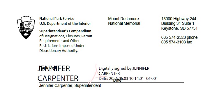 Header page of Mount Rushmore National Memorial's Superintendent's Compendium with a digital signature from Superintendent Jennifer Carpenter.
