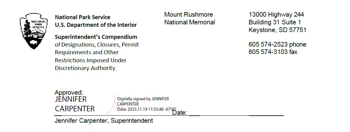 Header page of Mount Rushmore National Memorial's Superintendent's Compendium with a digital signature from Superintendent Jennifer Carpenter.
