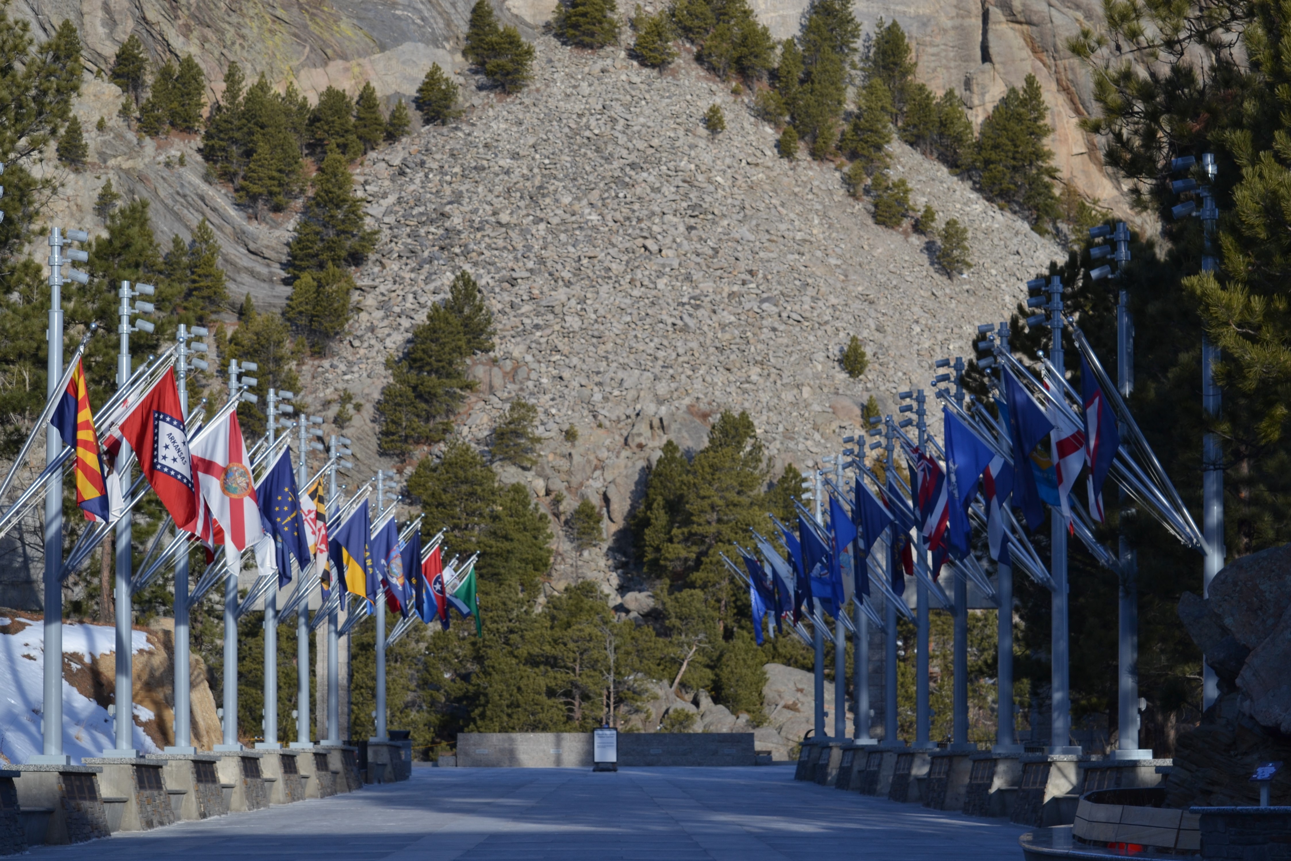 Dozens of state flags along a concrete walkway.
