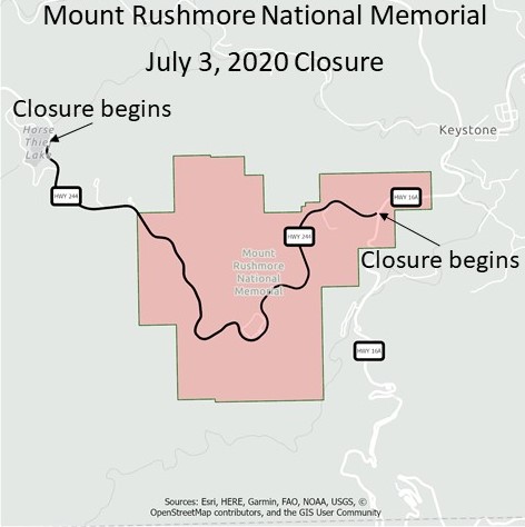 Map of Mount Rushmore area showing the closure of South Dakota Highway 244 for July 3, 2020, between Horsethief Lake and Iron Mountain Road. Map of Mount Rushmore area showing the closure of South Dakota Highway 244 for July 3, 2020, between Horsethief Lake and Iron Mountain Road.