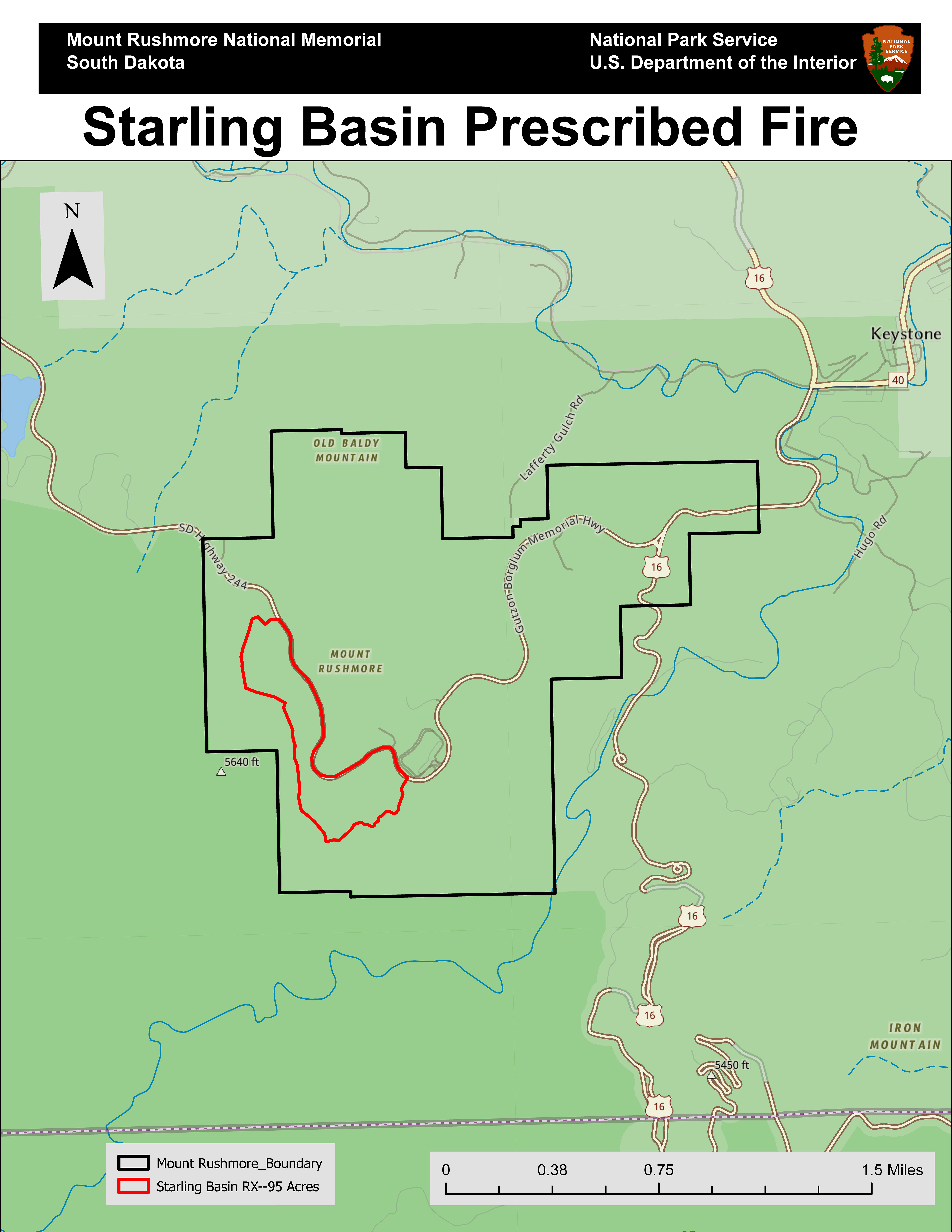 Proposed Burn Area of Starling Basin at MORU Map of Mount Rushmore National Memorial with proposed prescribed fire outlined in red.