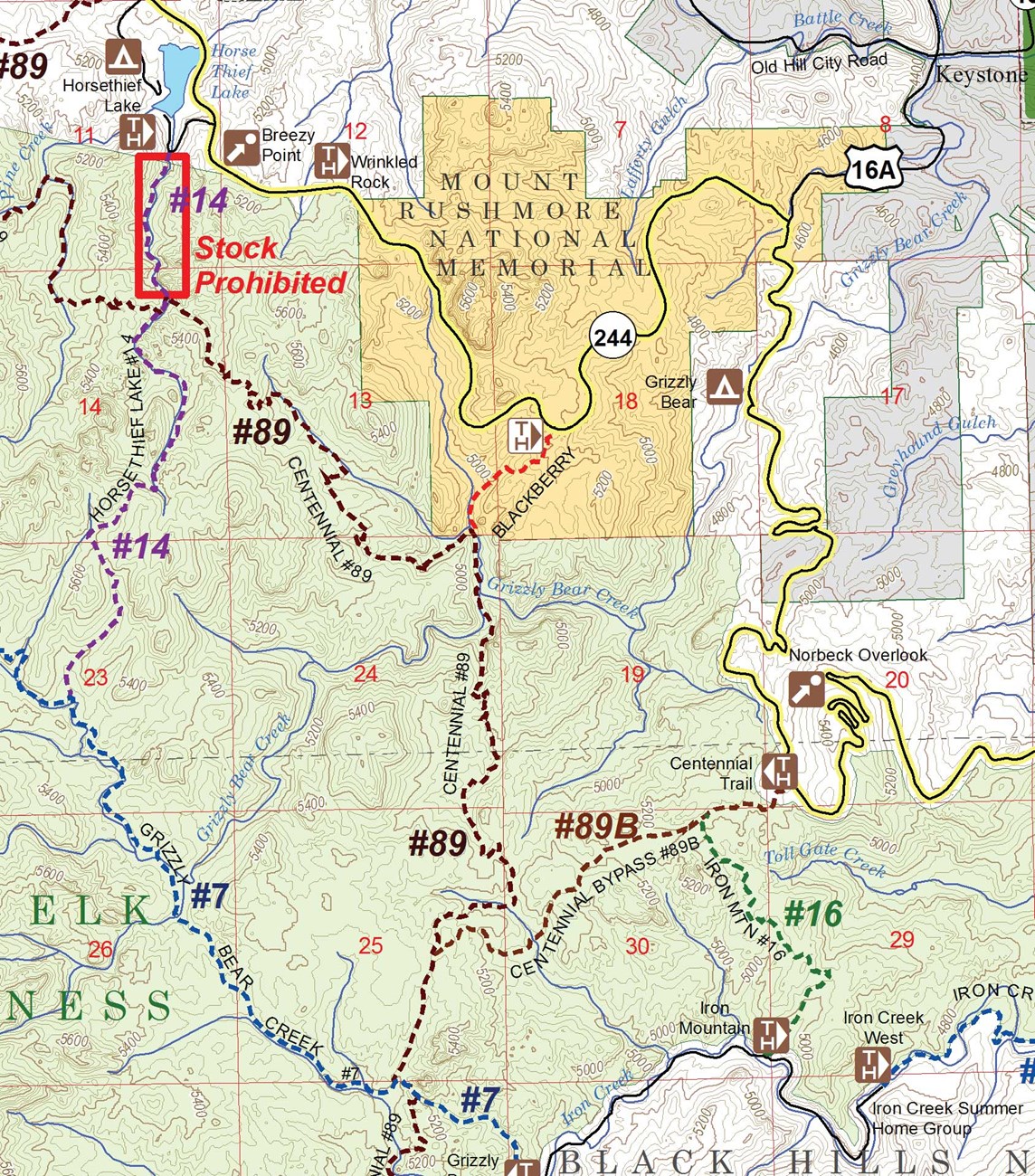 Image of a hiking trail map showing the Blackberry Trail and nearby trails in the Black Elk Wilderness.