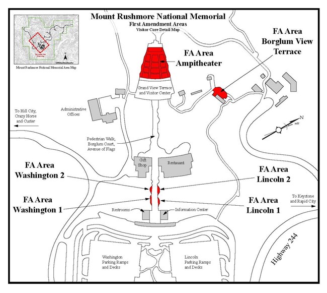 Map of facilities and walkways of Mount Rushmore National Memorial with First Amendment areas marked in red.