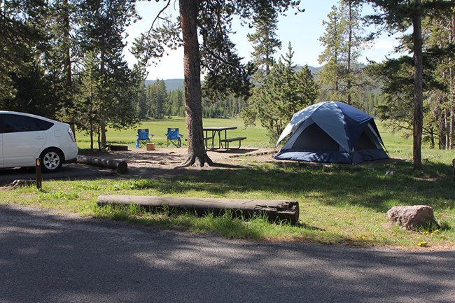 Tent and picnic table at an area campground.