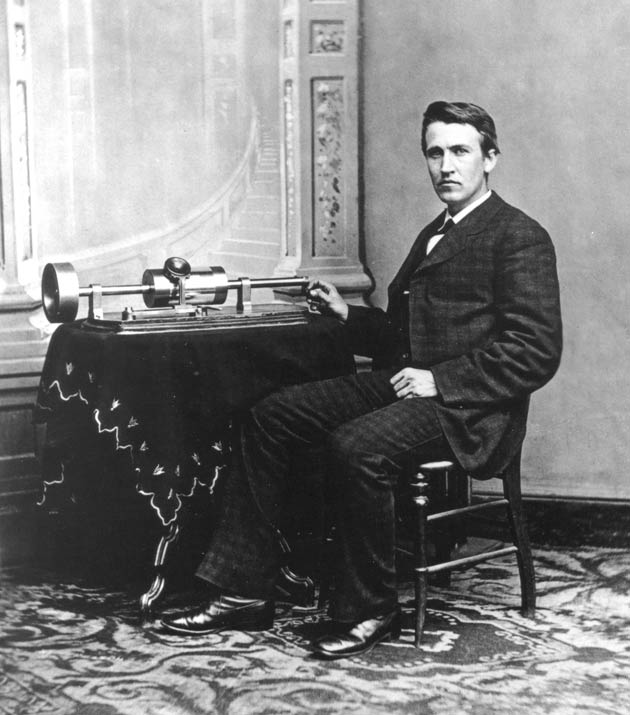 Thomas Edison with his phonograph.  See below for details.