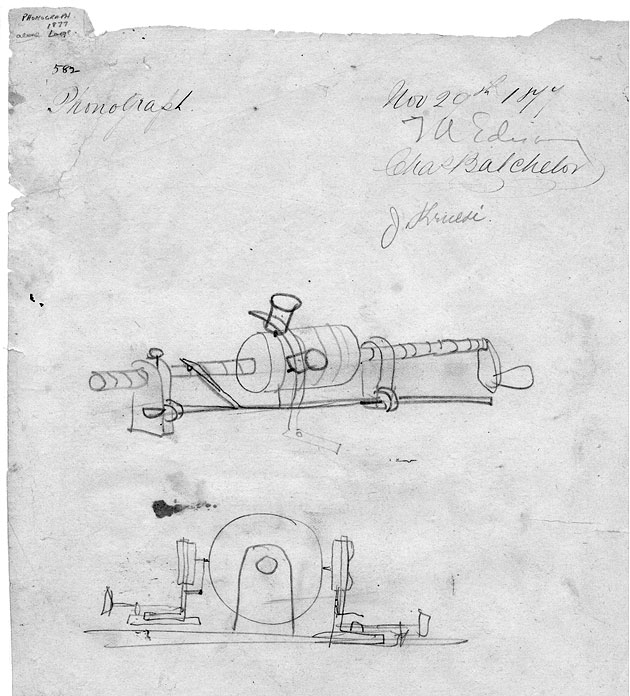 Edison's sketch on tinfoil of a phonograph.  See below for details.
