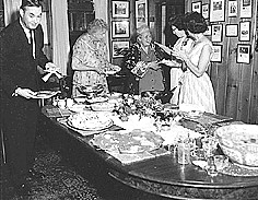 Valkill cottage dining room. ER with Mary Margaret McBride, Daniel Patrick Moynihan, others