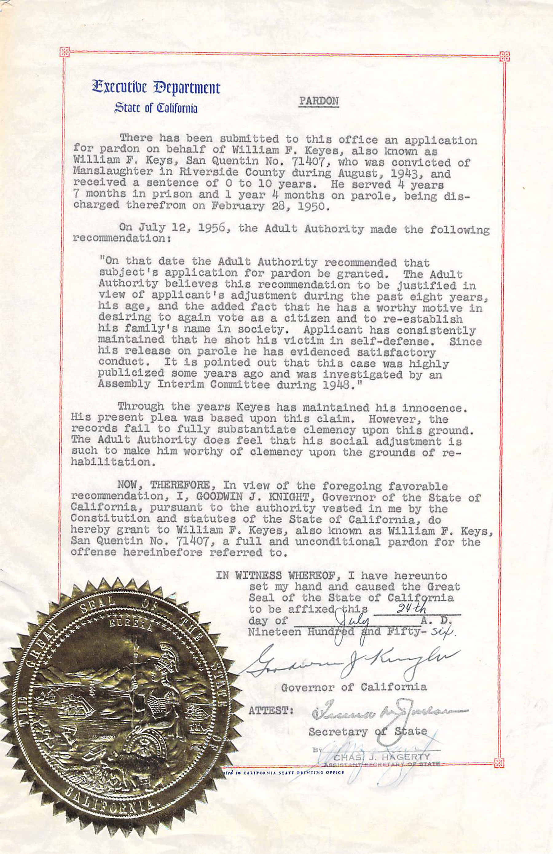 Pardon and Letter to William F. Keys