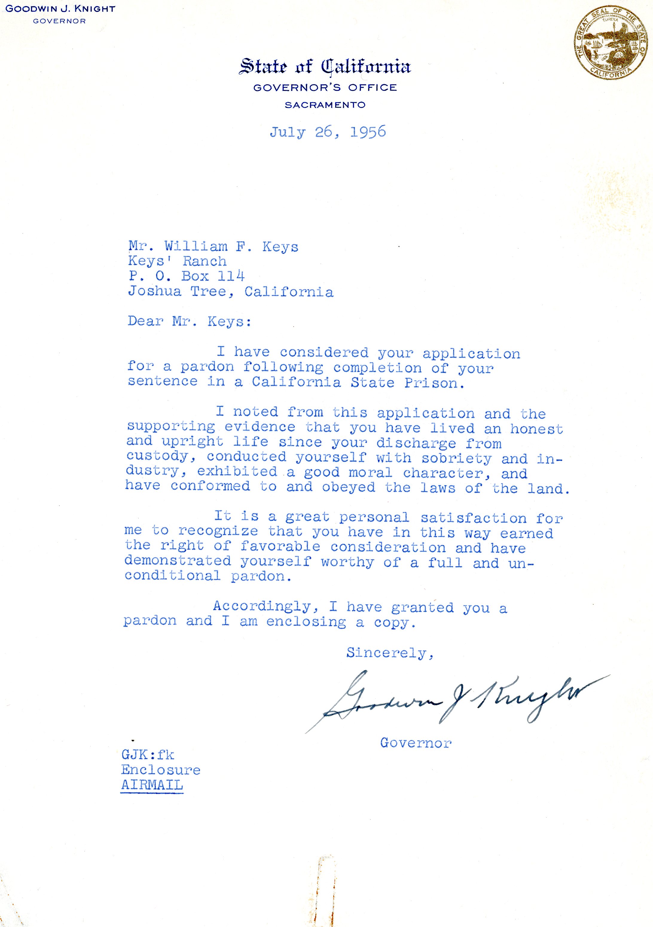 Pardon and Letter to William F. Keys