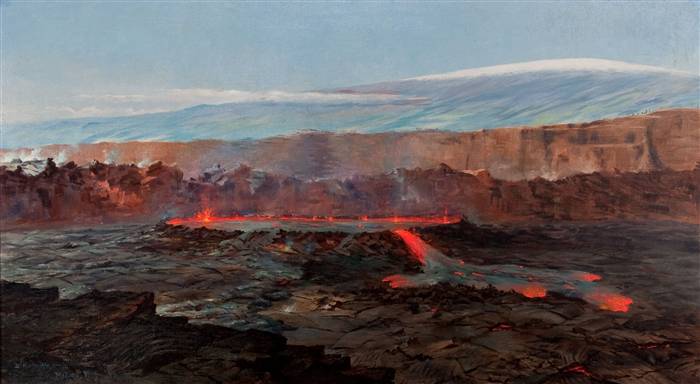 Image of painting titled (Lava Overflowing from Halema'uma'u onto the Floor of Kilauea Caldera)