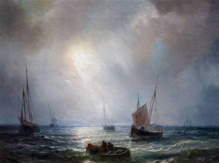 Image of painting titled Fishing Boats at Sunset