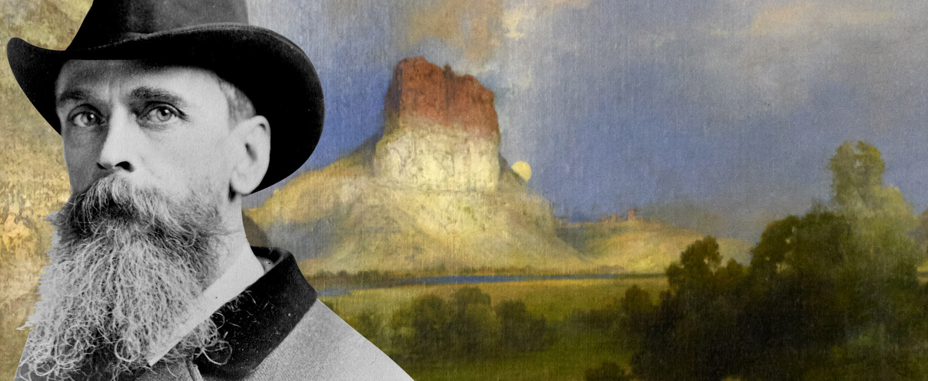 Image banner with Portrait of Thomas Moran in Foreground and painting titled Green River in the background