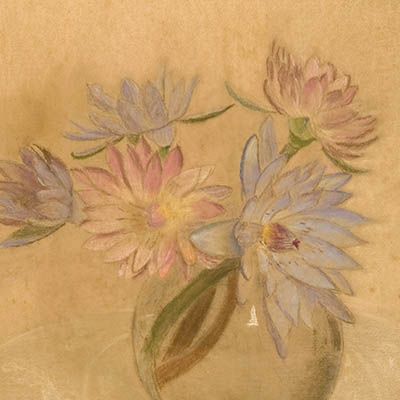 Pastel painting with five blue water lilies in a round glass vase