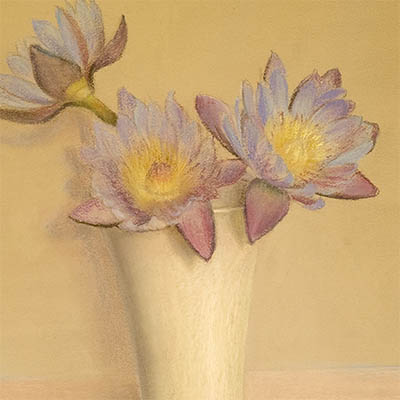 Pastel painting showing three Blue Water Lilies in a white vase