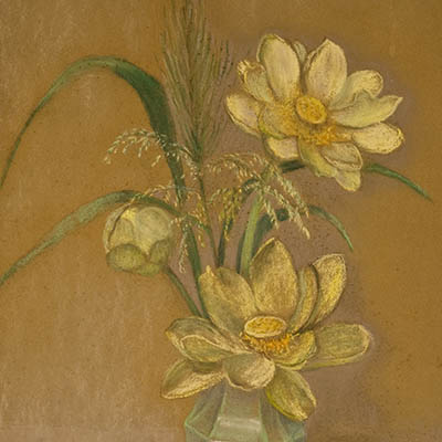 Pastel painting showing three cut Yellow Lotuses and Wild Rice in a Vase