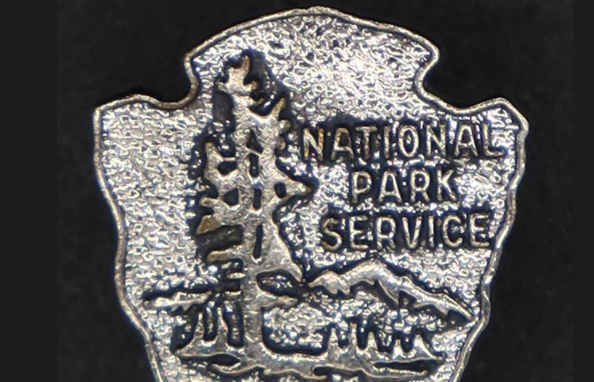 Silver arrowhead shaped pin with trees, mountains, bison, and words National Park Service.
