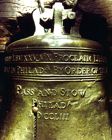 Photo of the Liberty Bell up close showing the inscription 'Pass and Stow'