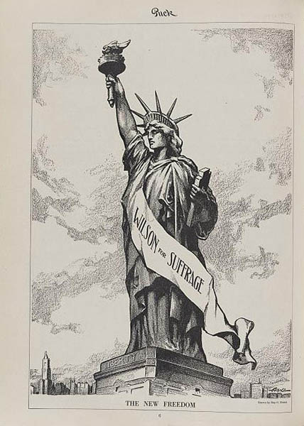Cartoon depicting the Statue of Liberty portraying a female suffragist rallying for voting rights.