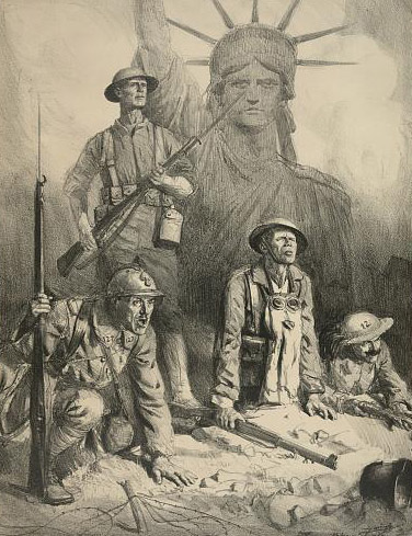 1918 lithograph by French artist Lucien Hector Jonas depicts US, French, British, and Italian soldiers uniting during World War I for the cause of liberty.
