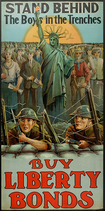 Poster titled Stand Behind the Boys in the Trenches. ILLUSTRATION WITH TWO SOLDIERS IN A TRENCH. BEHIND THE SOLDIERS IS THE STATUE OF LIBERTY SURROUNDED BY A CROWD OF PEOPLE OF MANY DIVERSE OCCUPATIONS. A DISK OF THE SUN IS AROUND STATUE'S HEAD AND CARRIES WORD VICTORY. THE SLOGAN IS IN BLACK AND RED LETTERS