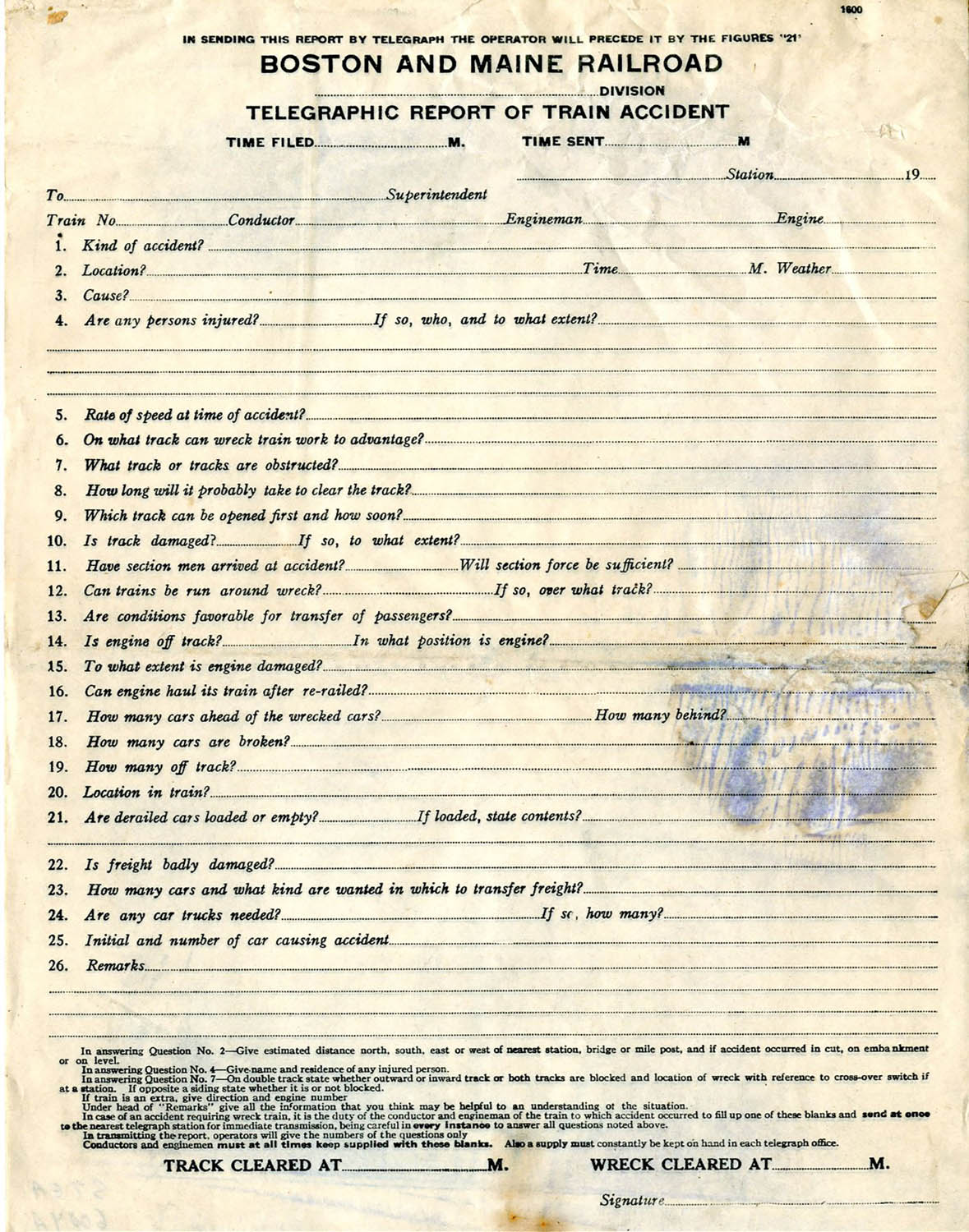 Telegraphic Report of Train Accident Form