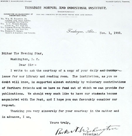 Typed letter, signed by Booker T. Washington, is addressed to the Editor of the Evening Star, Washington, DC on Tuskegee Normal Institute letterhead. 

