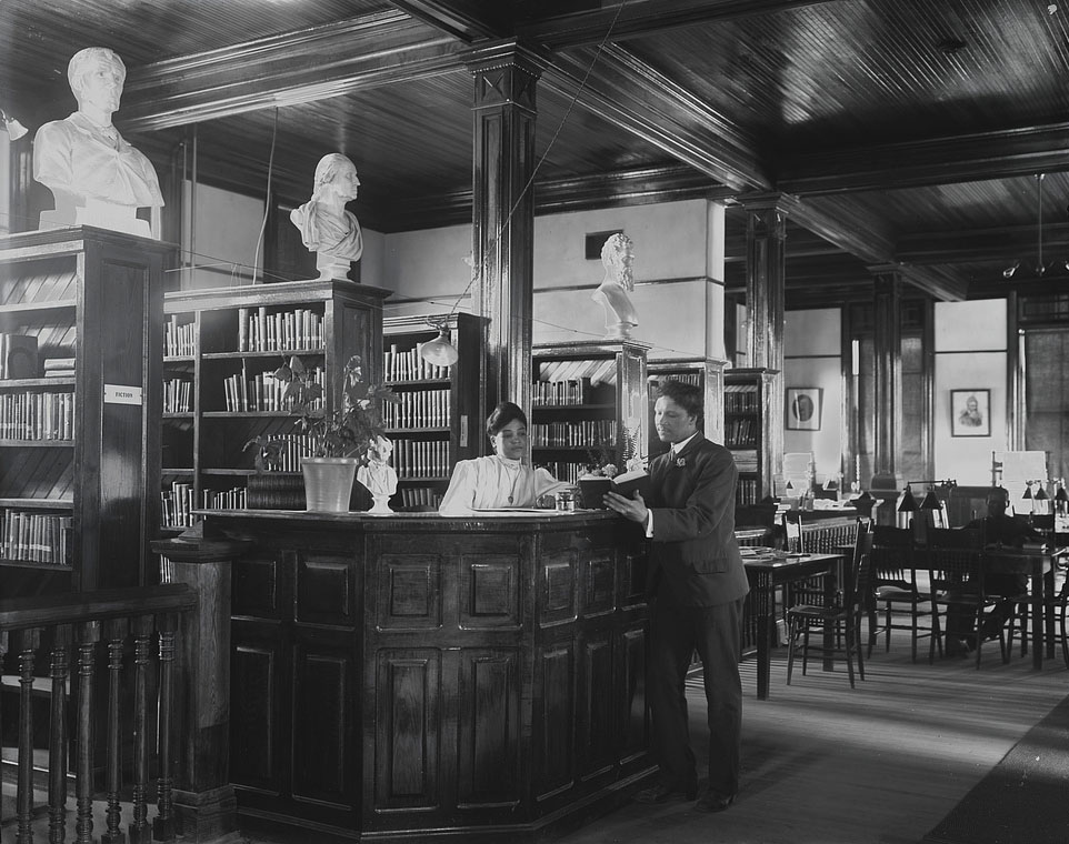 Photograph shows Library interior at Tuskegee Institute, Tuskegee, Alabama