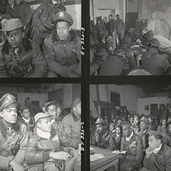Thumbnail of Tuskegee Airmen Woodrow W. Crockett, Edward C. Gleed, and an Unidentified Airman at an Air Base at Ramitelli, Italy