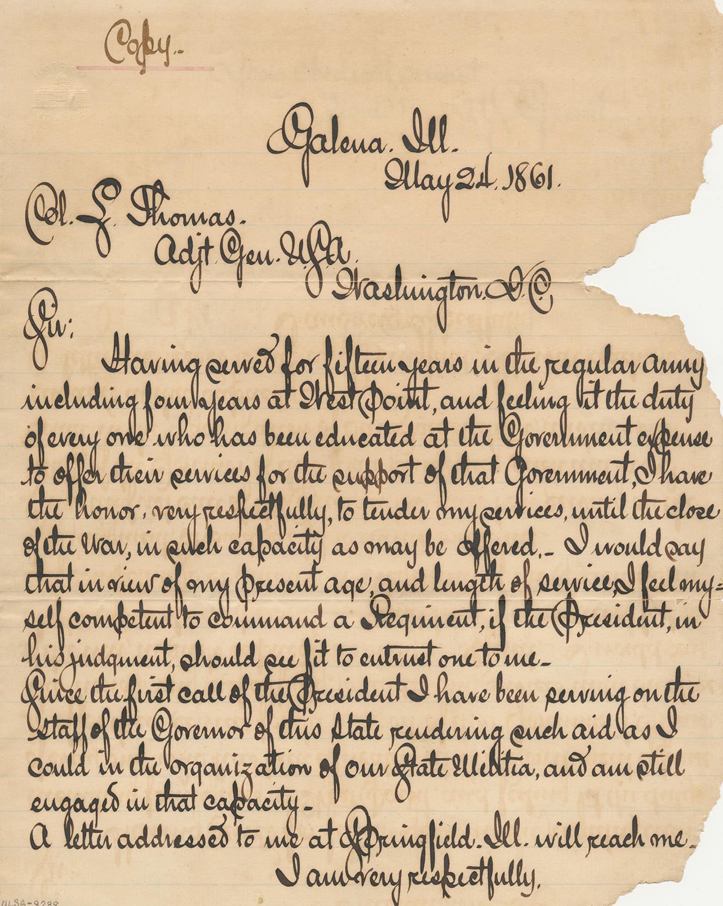 Letter from Ulysses S Grant to Adj. Gen. Lorenzo Thomas