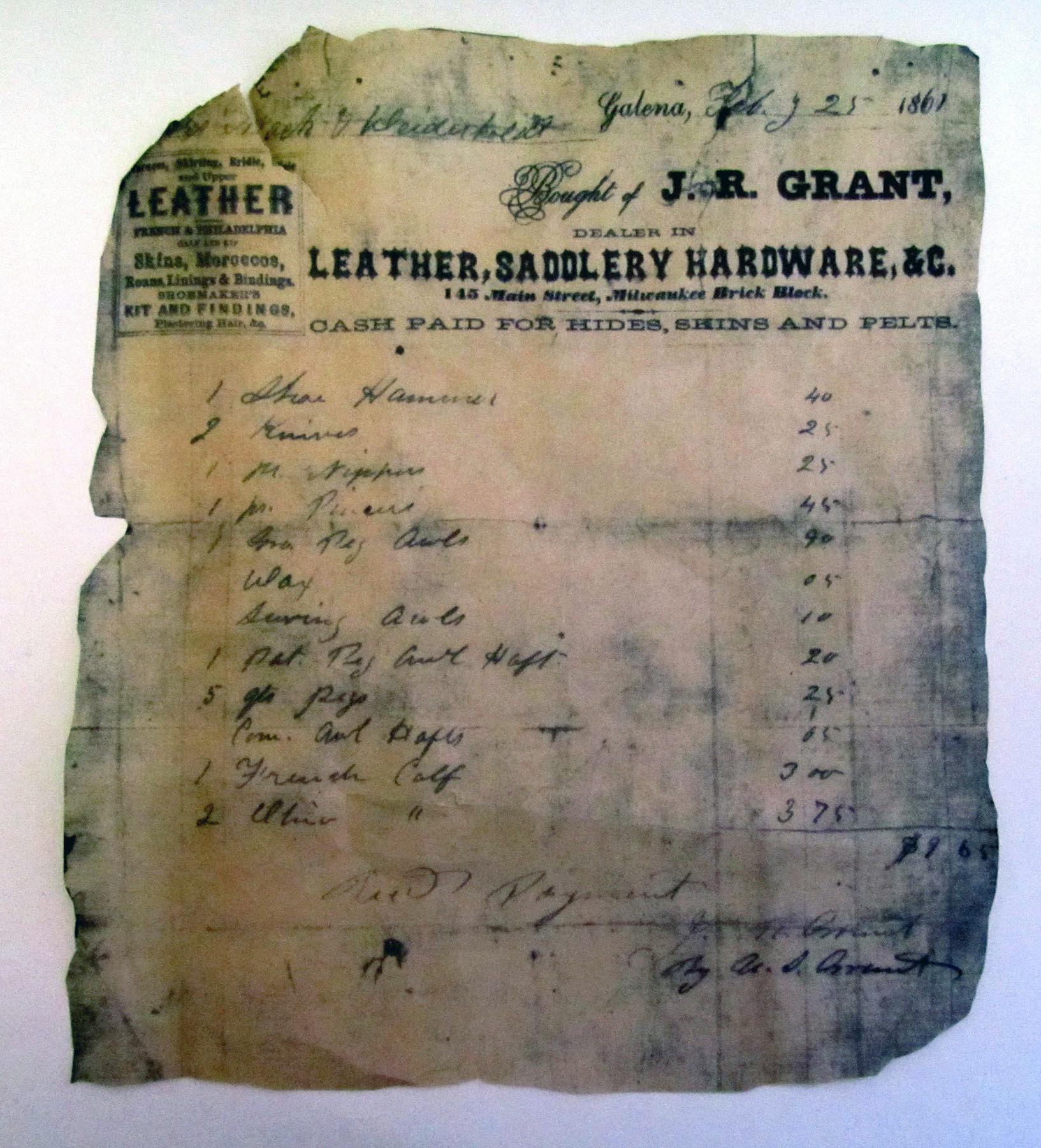 J.R. Grant Leather Shop Invoice