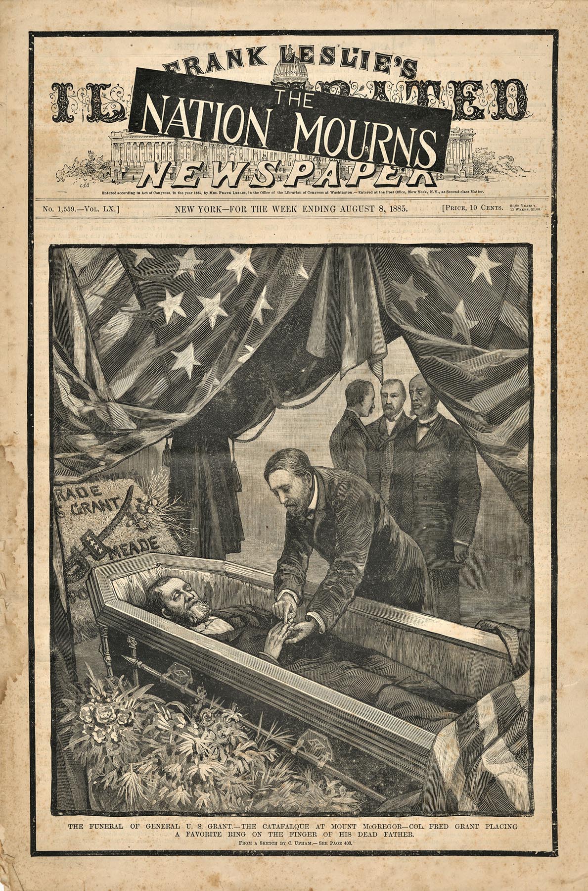 The Funeral of U. S. Grant - The Catafalque at Mount McGregor - Col. Fred Grant Placing a Favorite Ring on the Finger of his Dead Father, From a Sketch by C. Upham 