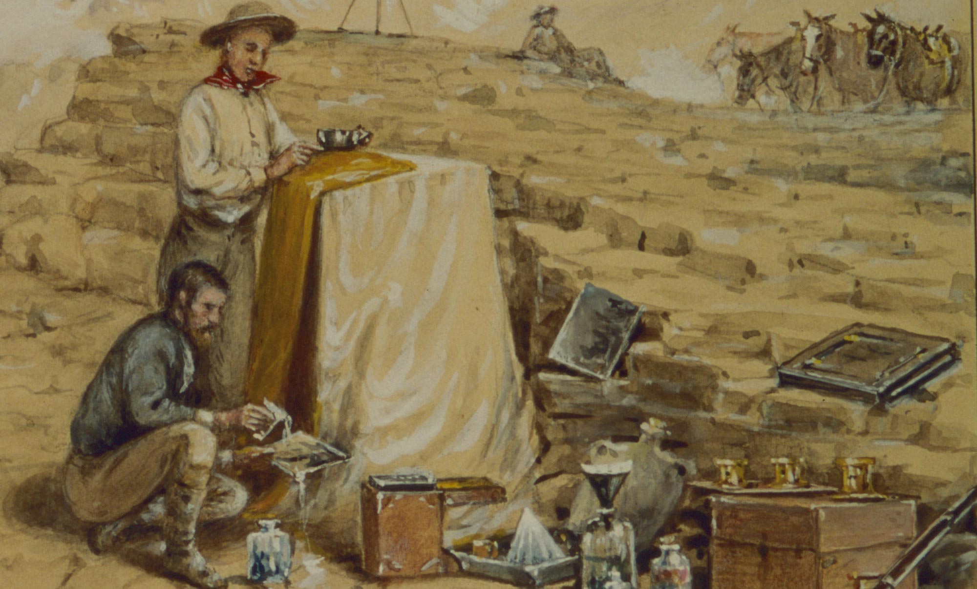 Watercolor of Two males, pack animals and boxes of glass negatives to depict the process of wet plate photography