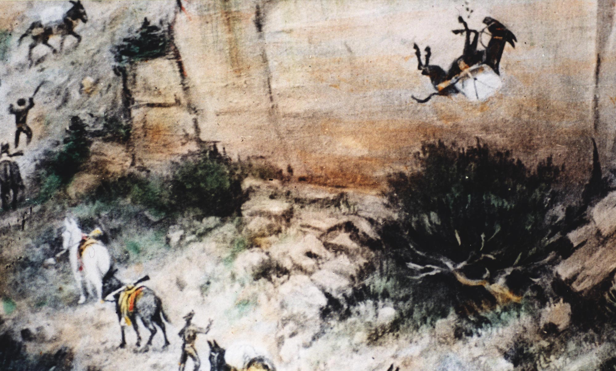 Painting of mule falling off the side of a mesa onto the cedar trees below