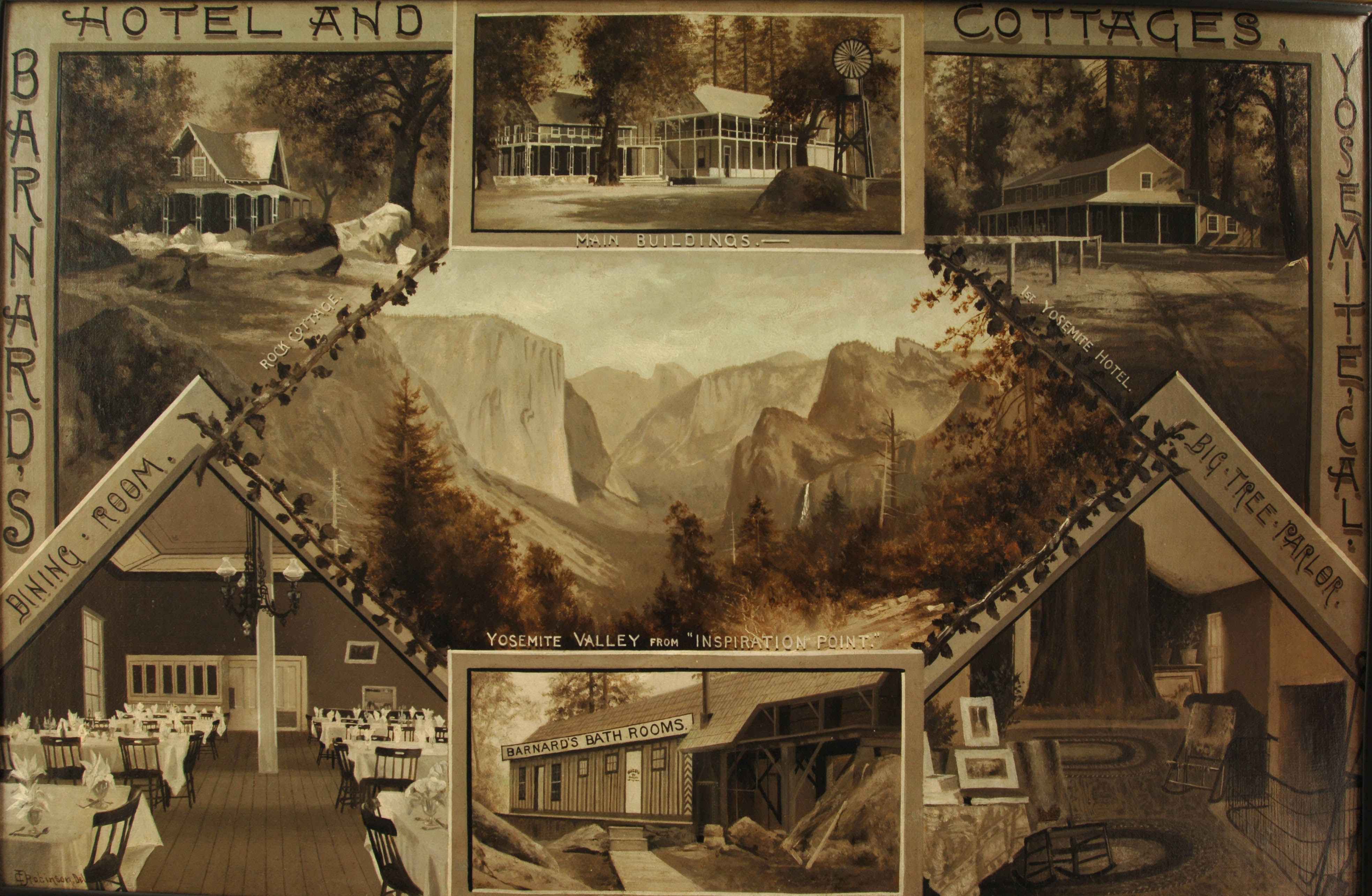 Advertisement for Barnard's Bath House at the first Yosemite Hotel, Yosemite Valley