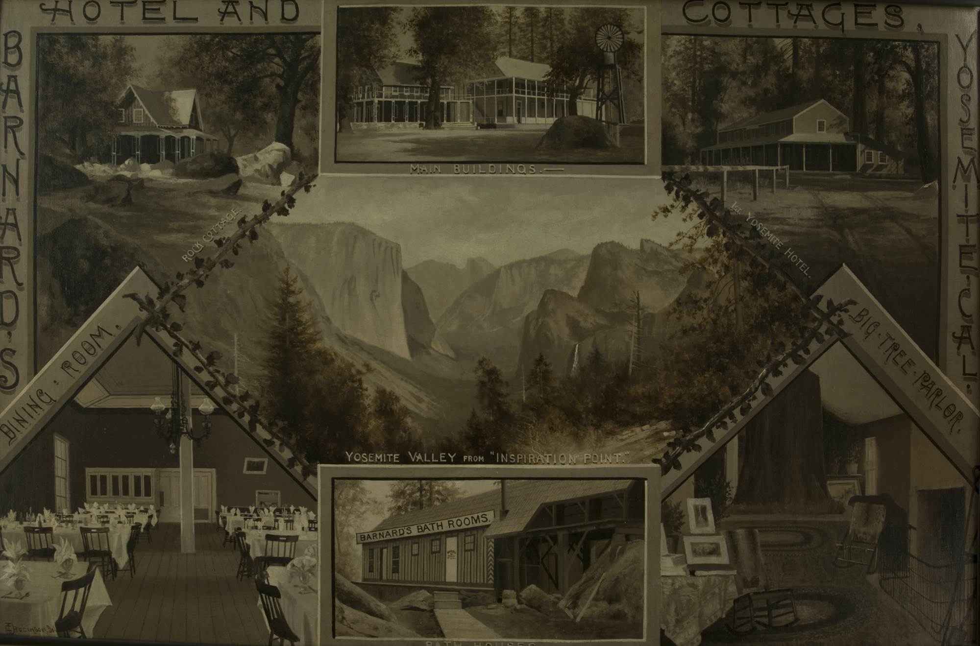 Ad for Barnard's Bath House at the first Yosemite Hotel, Yosemite Valley