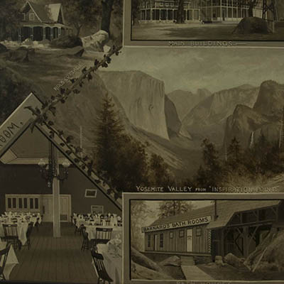 Ad for Barnard's Bath House at the first Yosemite Hotel, Yosemite Valley