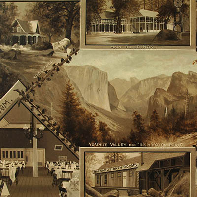 Ad for Barnard's Bath House at the first Yosemite Hotel, Yosemite Valley