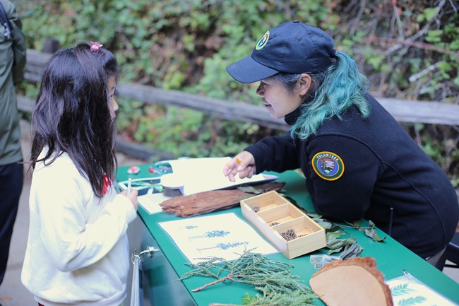 a volunteer on right leans over a table of leaves and information at a junior ranger