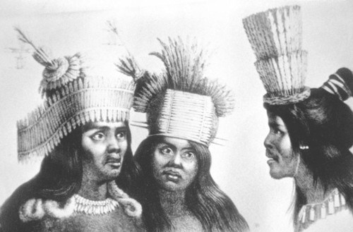 Illustration of three Coast Miwok natives wearing various headbands and headdresses