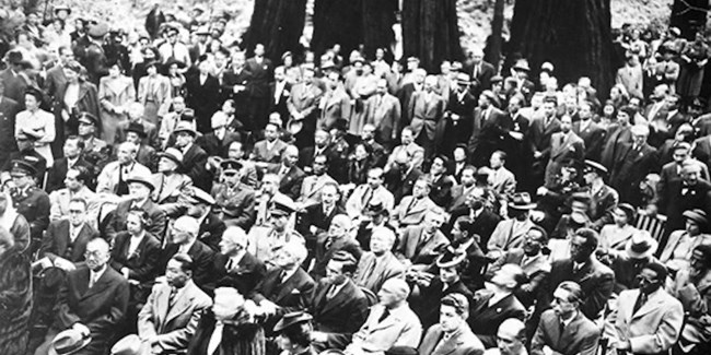 Dignitaries gathered in Cathedral Grove at Muir Woods to remember FDR.