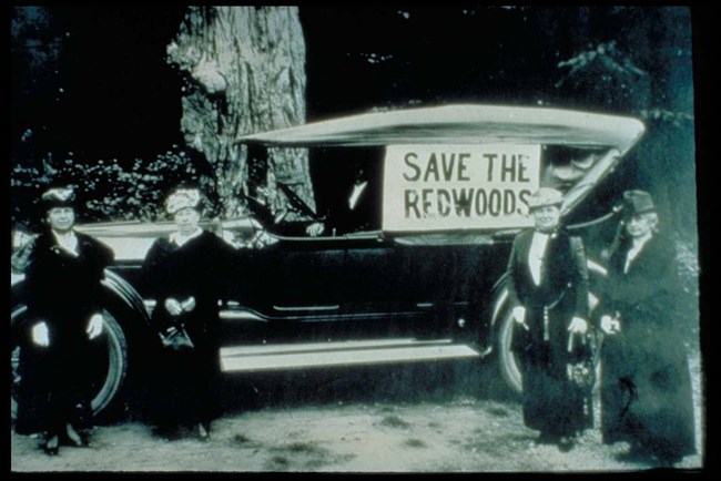Women stand in front of an old fashioned car with a sign that reads 'Save the Redwoods'