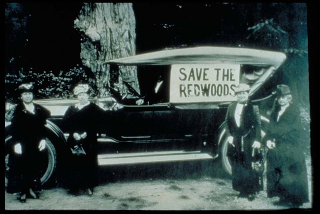 Women stand in front of an old fashioned car with a sign that reads 'Save the Redwoods' Women stand in front of an old fashioned car with a sign that reads 'Save the Redwoods'