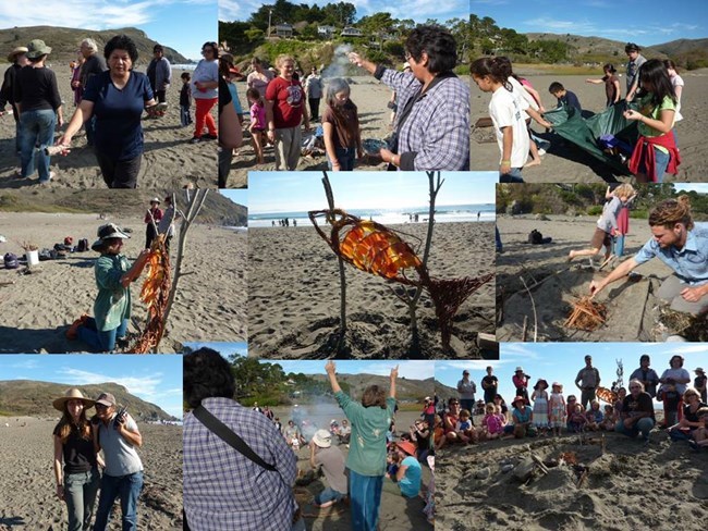 People gather on the beach for the Welcome Back Salmon ceremony by the Coast Miwoks, the original inhabitants of the Redwood Creek Watershed. The annual event is held at the end of each phase of the restoration construction.