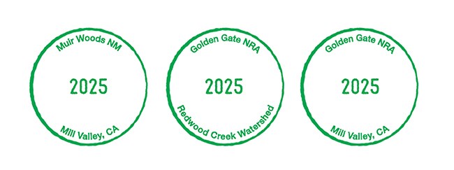 Three 2025 cancelation stamps from Muir Woods, the Redwood Creek Watershed, and the Golden Gate National Recreation Area