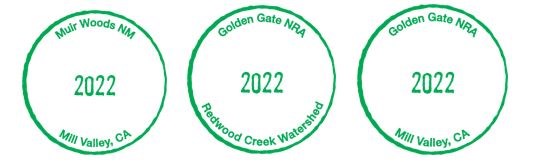 2022 cancellation stamps for Muir Woods, Redwood Creek Watershed, and Golden Gate NRA