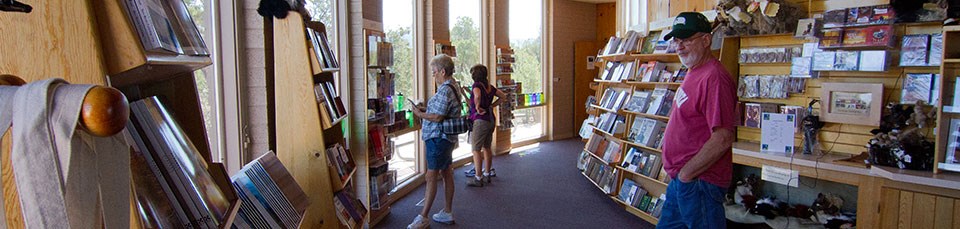 people looking at bookshelves