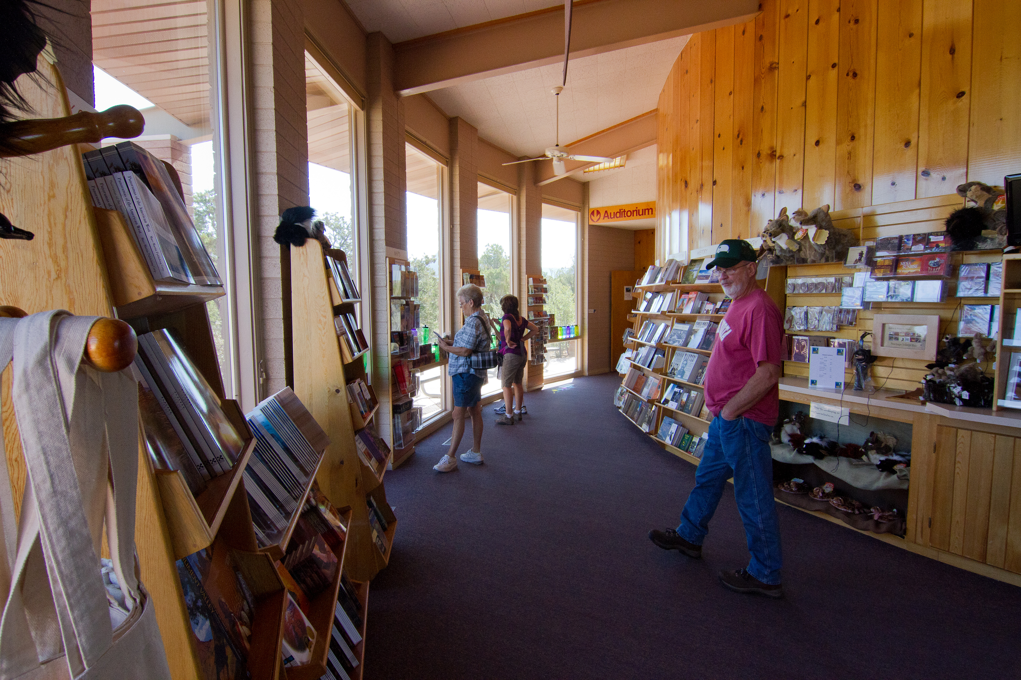 three people browse bookshelves in curved room with tall windows
