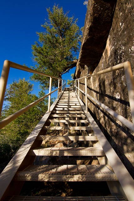 steep metal staircase along side of canyon