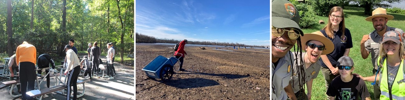Volunteers assembling picnic tables and pulling a wheelbarrow.